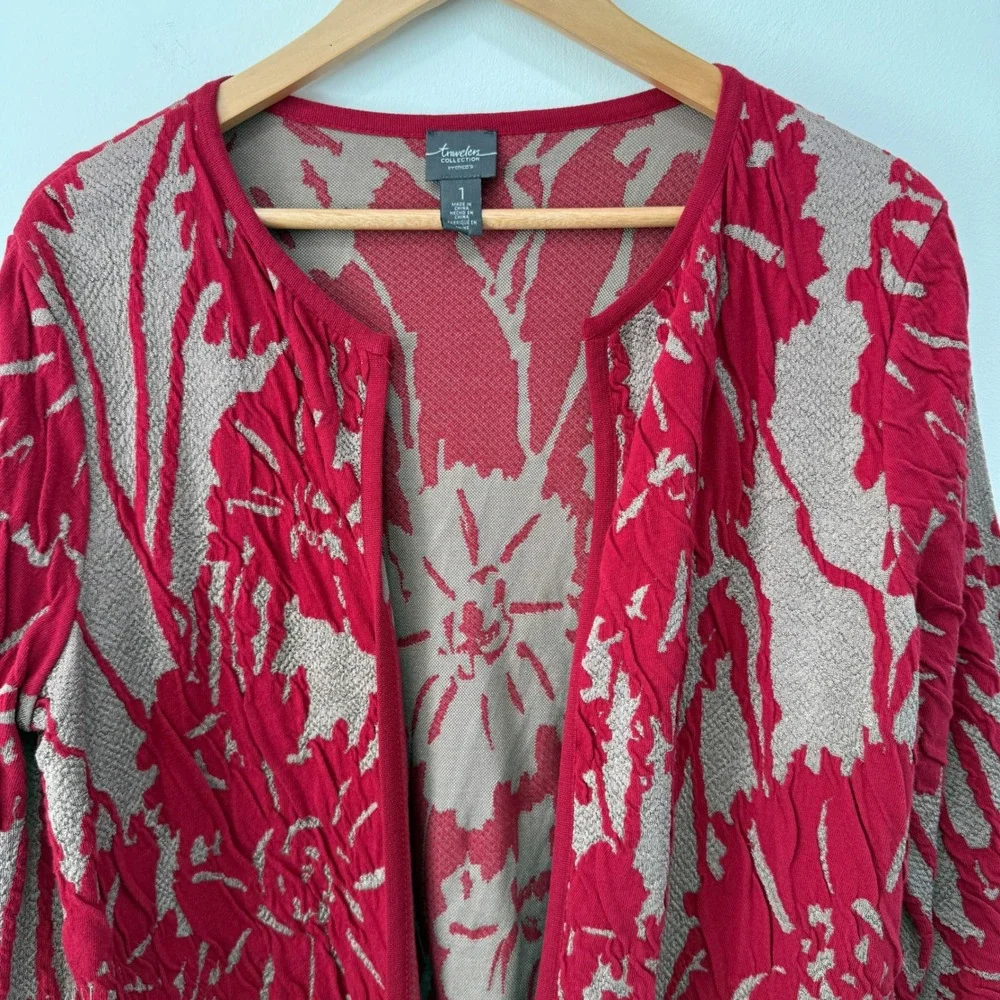 Chico's Travelers Exploded Floral Textured Open Cardigan Sz M Red Gold Old Money